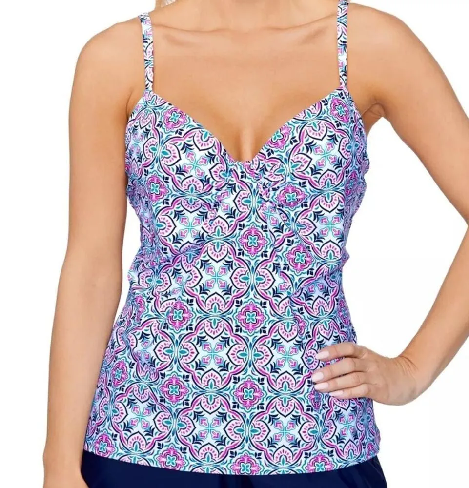 Island Escape Valencia Underwire Tankini Top White Size 8 Pink - Image 2