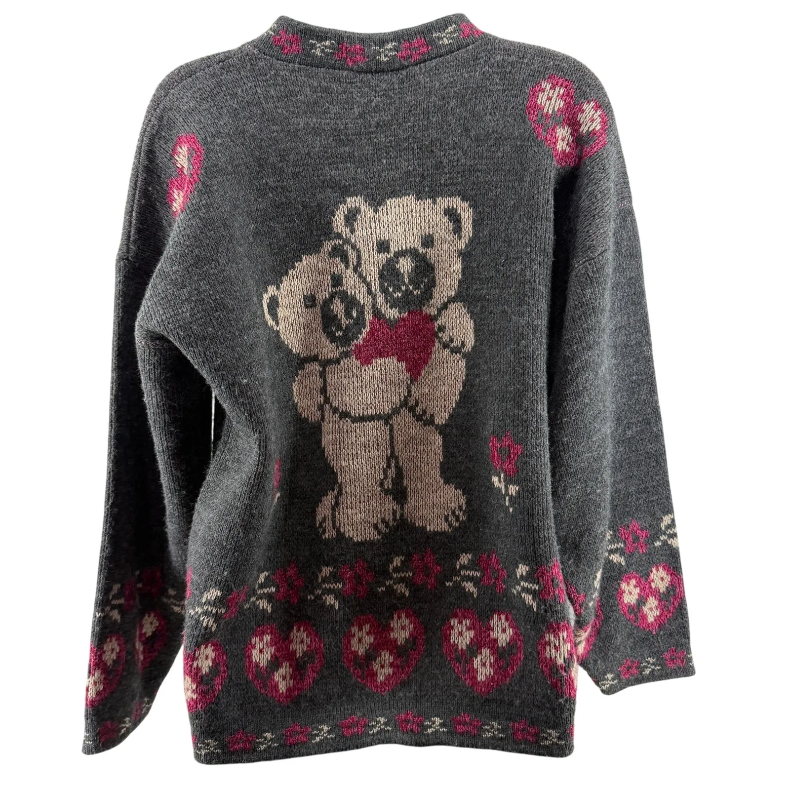 Adele Knitwear Sweater Teddy Bears Heart Acrylic USA 80s Vintage Gray Size L - Image 5