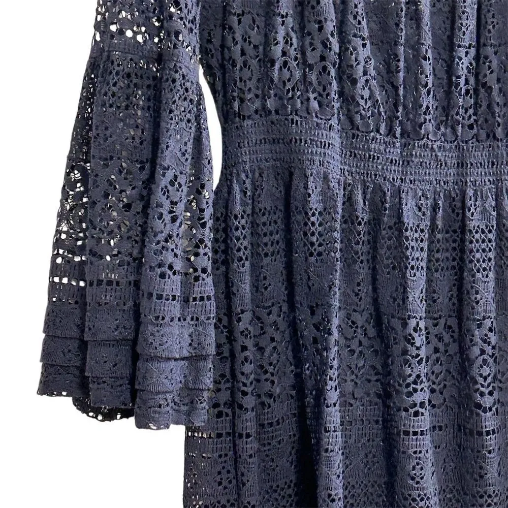 Boston Proper Women's Blue Crochet Lace Flare Sleeve Short Dress Size L - Image 7