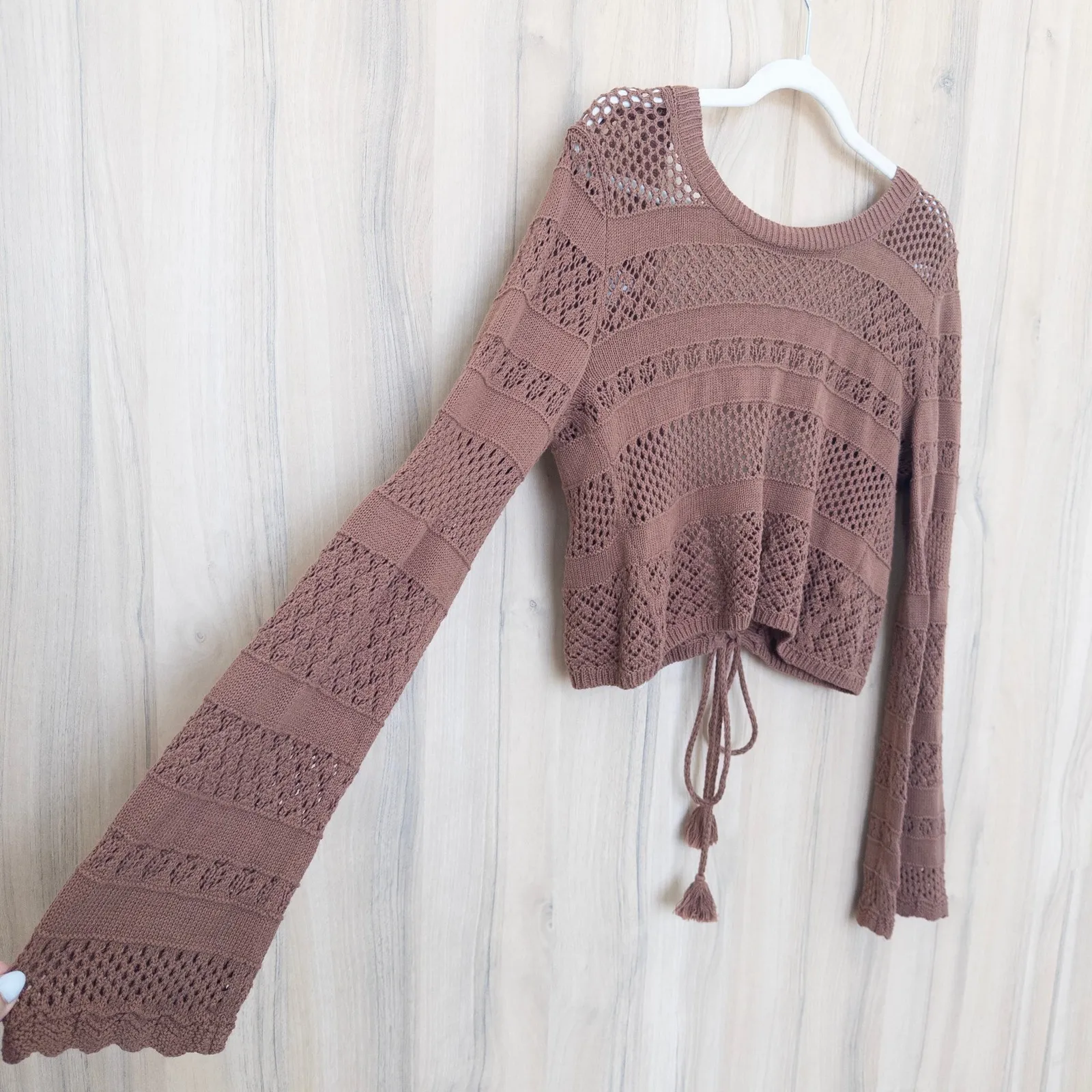 Womens Crop Crochet Sweater Top Size M Brown Knit Boho Forest Fairy Whimsigoth - Image 4