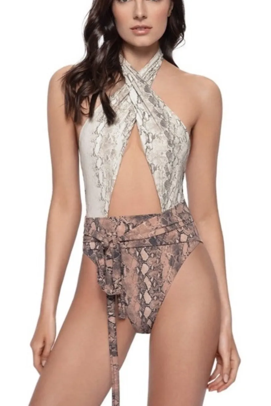 PQ Swim PILYQ Swimsuit Size Medium Alex Kaa Snake Print Halter One Piece NWT Brown - Image 1