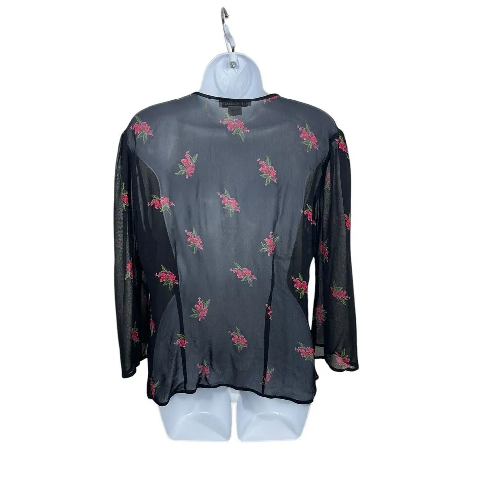 VTG Dressbarn Black Sheer Red Floral Open Tie Front L Top 90s Y2K Size L - Image 7