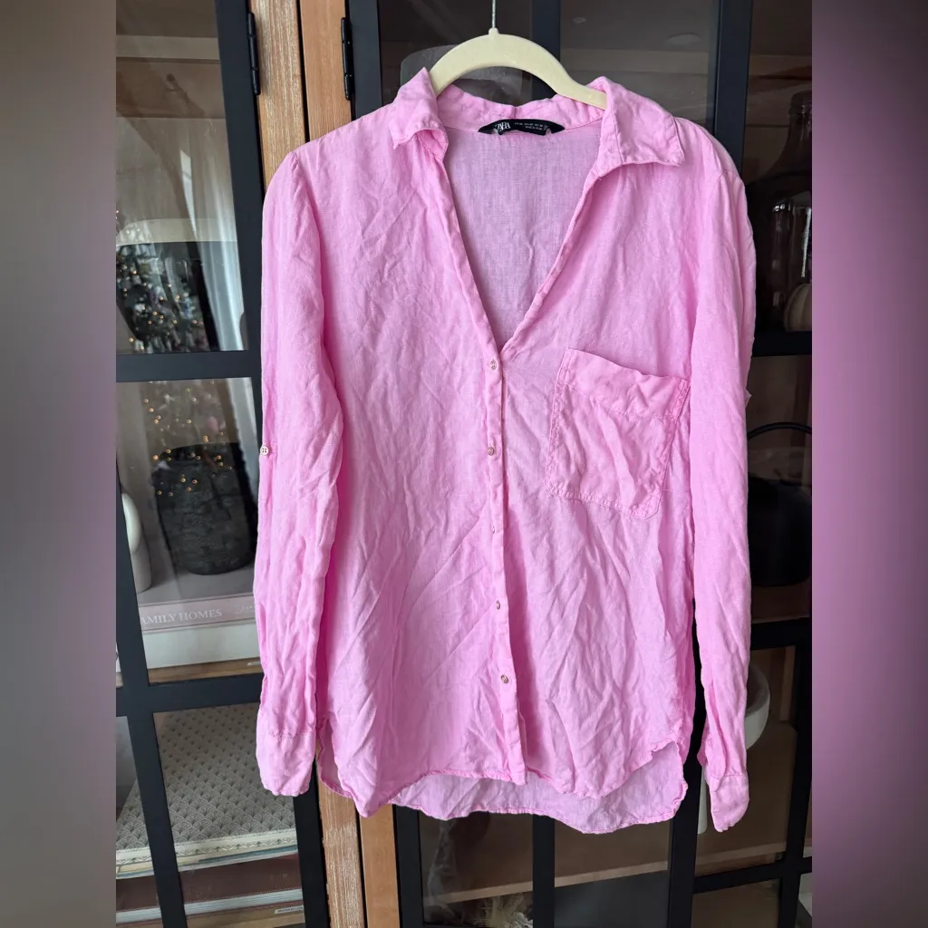 Zara linen button down shirt long sleeve bubblegum pink top gold buttons collar - Image 11