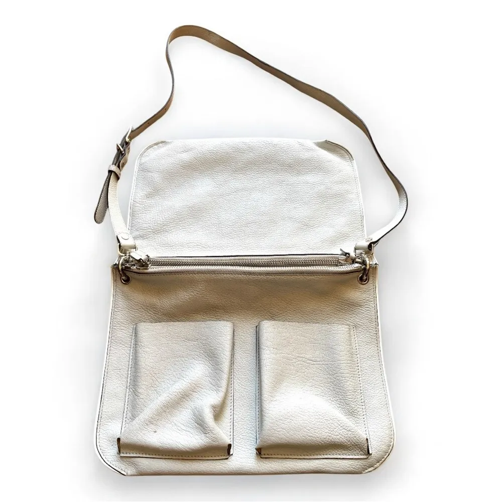 Marni Bandolier Crossbody Bag Gray Leather Silvertone Hardware Zip Top Messenger - Image 6