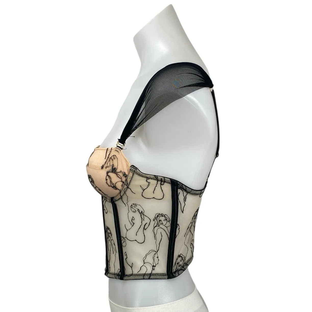 Women's Beige Black Mesh Corset Bustier Cap Sleeve Lady Stitch Crop Top Size S - Image 3