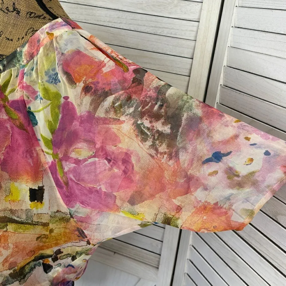 Chenault Watercolor Floral Chiffon Cold Shoulder Blouse Multicolor Small Pink - Image 7