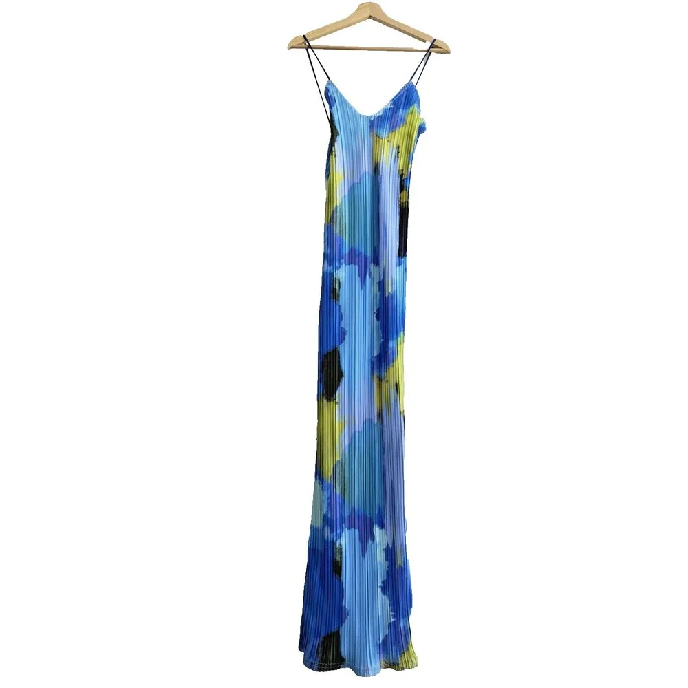 Big brother Rubina's blue abstract plisse dress strappy women maxi dress size 4‎ - Image 4