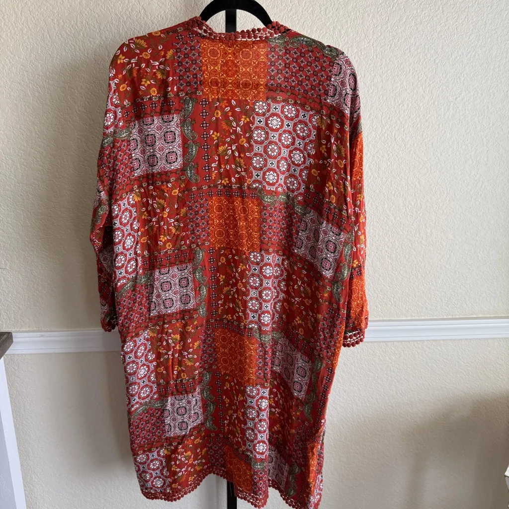 Boho Kimono Cardigan Women’s Large Rust Orange Patchwork Sheer Lightweight Layer - Image 2