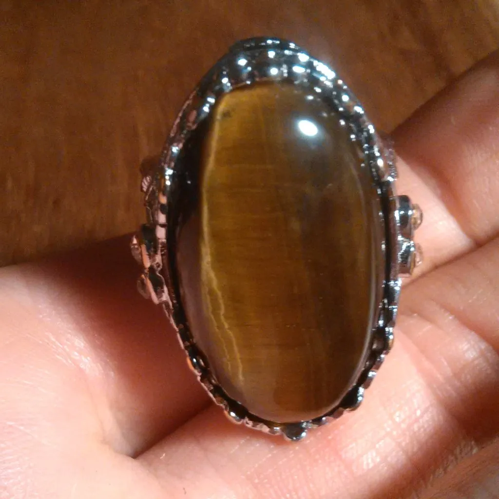 Tiger's Eye And Champagne Color Austrian Crystal Stainless Steel Ring (Size 6) - Image 7