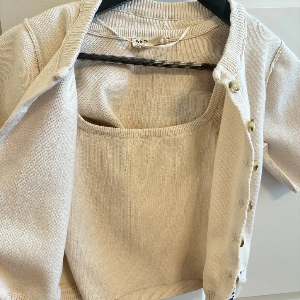 FREE PEOPLE Twosie Cotton Blend Rib Cardigan & Tank Set in Ecru Size Small - Image 6