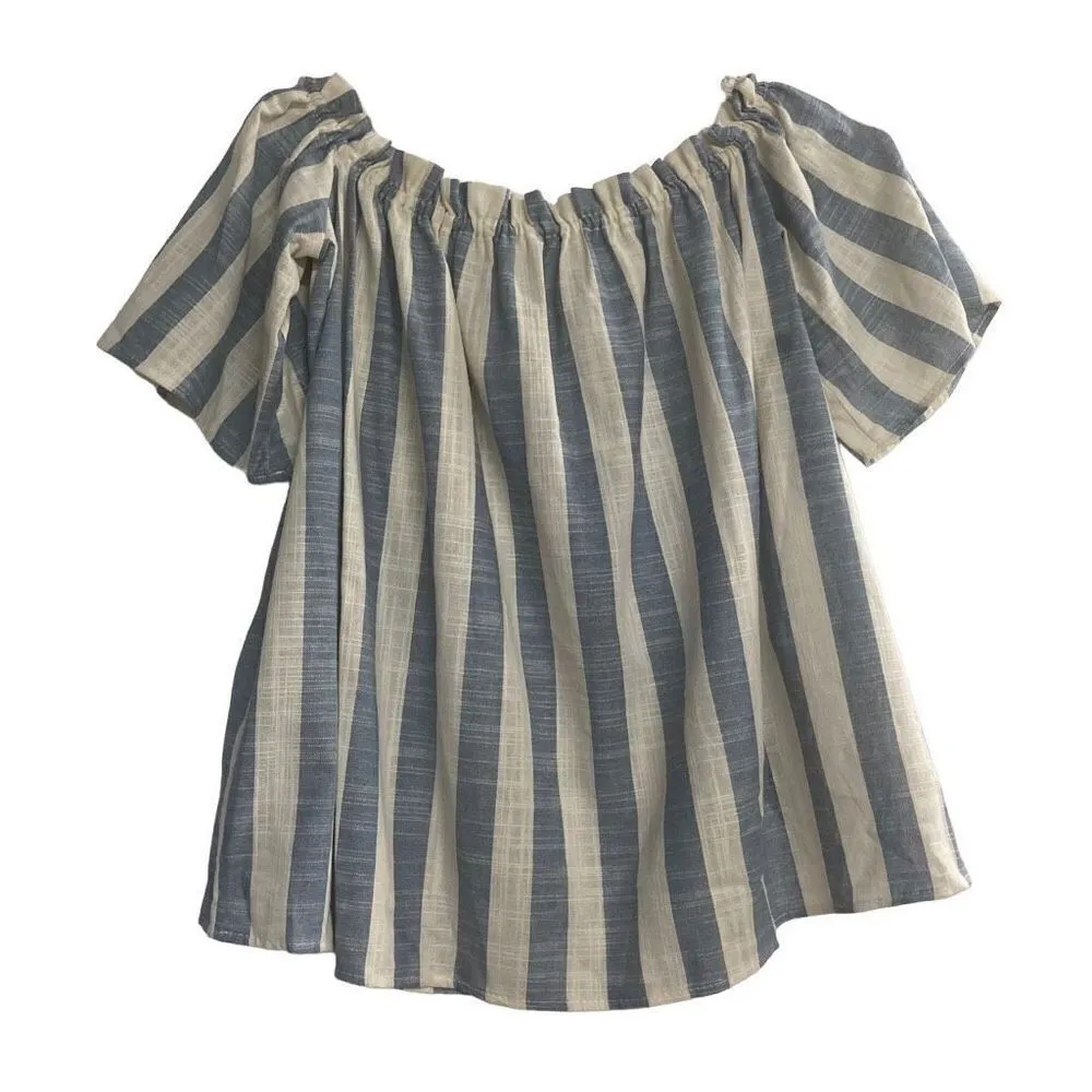 LOVE IN Women’s‎ Off/On Shoulder Top Blue & White Striped Size Small Oversized - Image 3