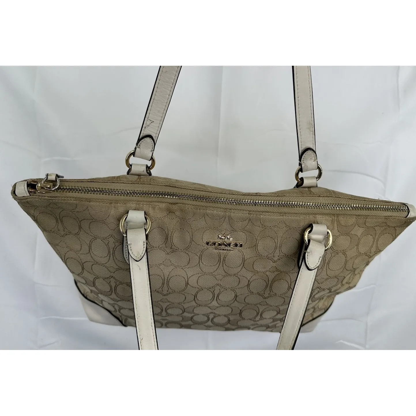 COACH Tote Purse F29958 Signature Canvas Leather Beige White Zipper  Shoulder - Image 15