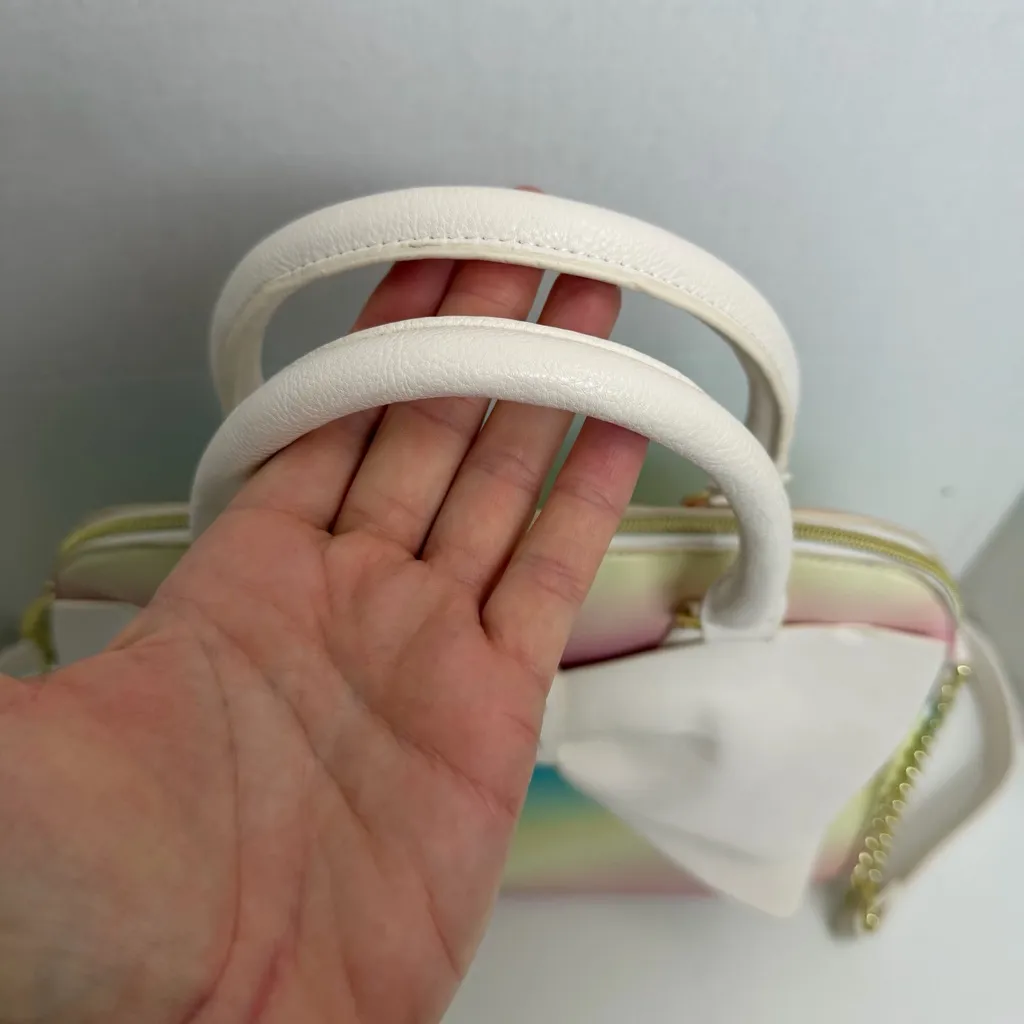 Betsey Johnson Purse Handbag Crossbody Bow Studded Chain Rainbow Ombré Gold - Image 4