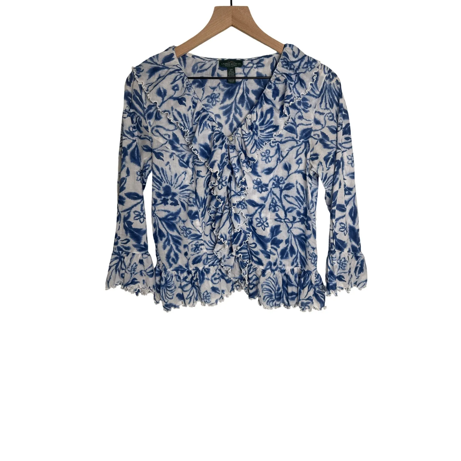 Lauren Ralph Lauren Ruffle Washed Blue & White Floral Blouse Size S/P Romantic - Image 4
