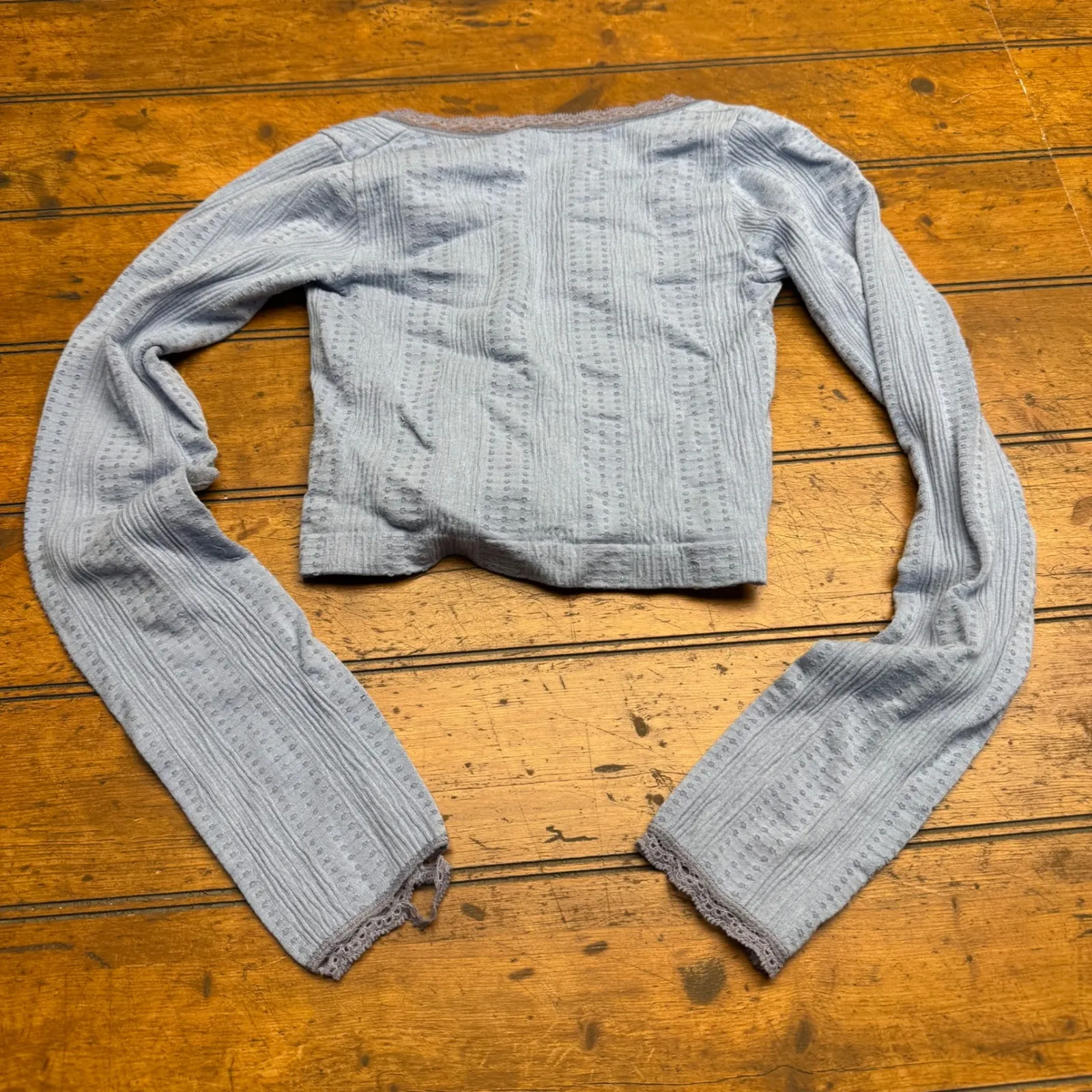 Out from under Blue Ribbed Lace Trim Cropped Long Sleeve Top Women's XS - Image 4