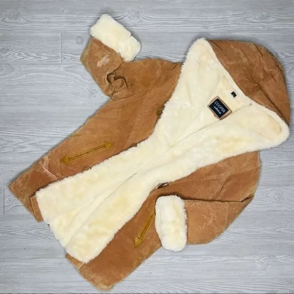 Copper collection leather faux fur lined jacket coat horn type buttons hooded sm Tan - Image 2