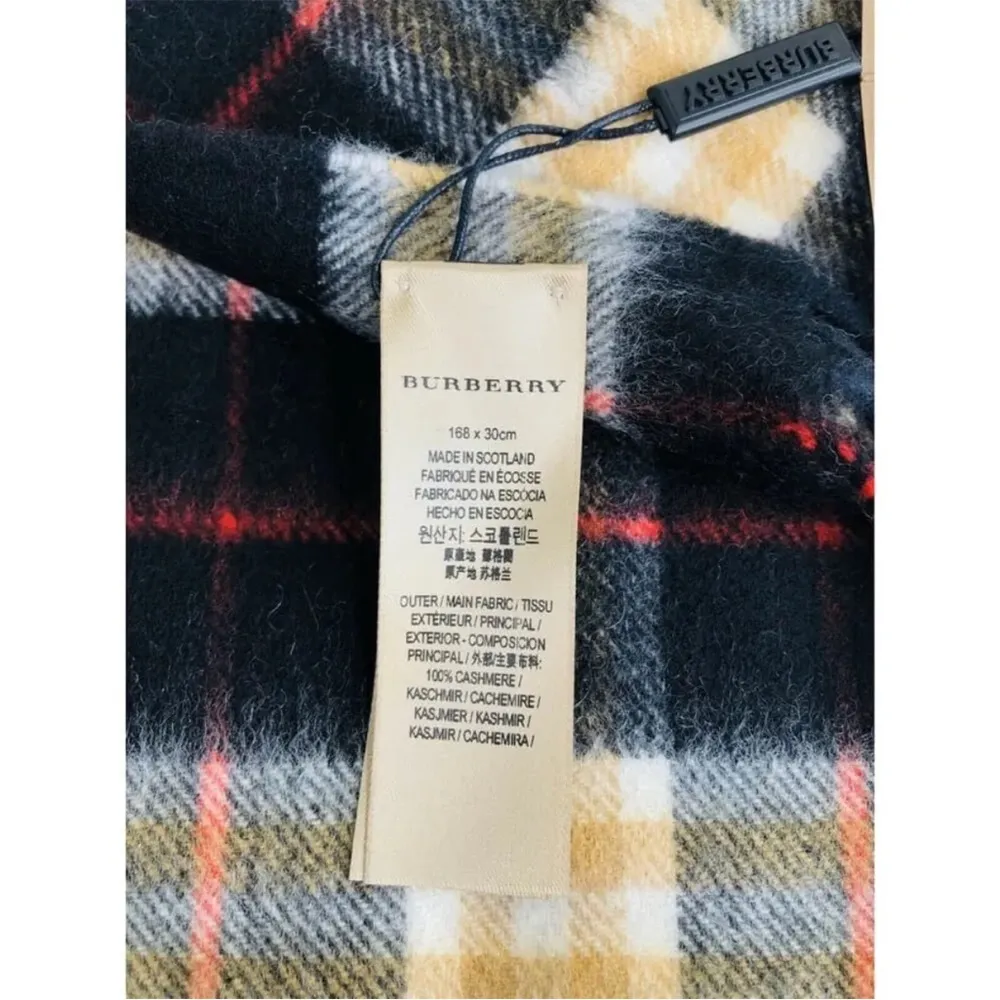 Burberry Cashmere Vintage Check Black Striped Logo Fringed Scarf - Image 4