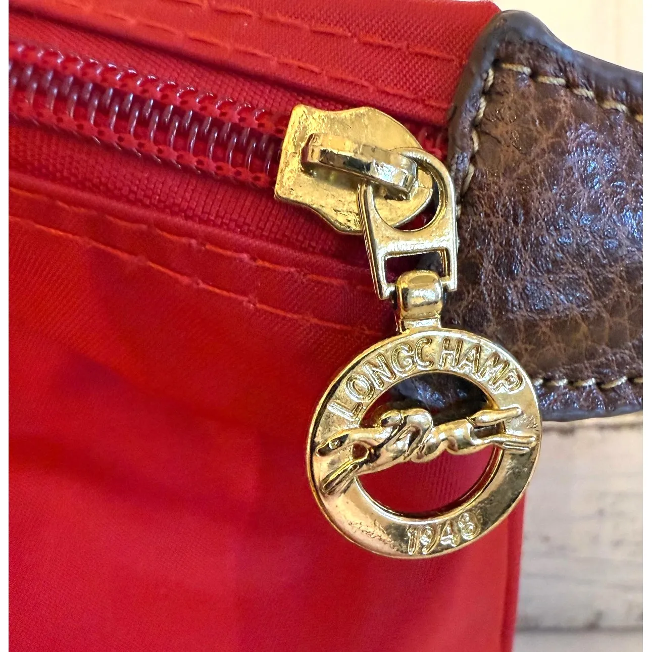 Longchamp Le Pliage Tote Bag Womens Large Red Nylon Leather Shoulder Handbag - Image 4