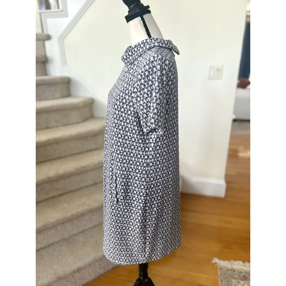 Tyler Boe Kristen Blue & White Chain Link 60s Inspired Roll Neck Shift Dress Size M - Image 3
