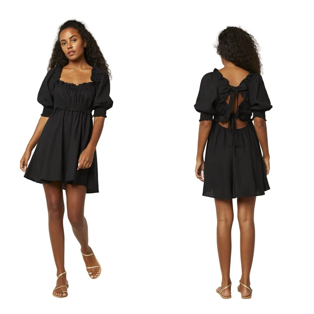 MISA Los Angeles Ara Dress Black Linen Blend Puff Sleeve Open Back Size M - Image 2