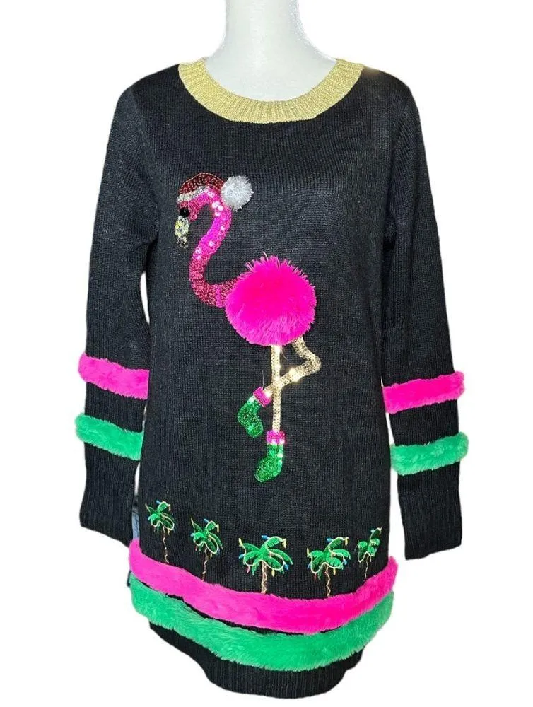 Ugly Christmas sweater pretty flamingo palm trees 99 Jane street tropics small Black - Image 2