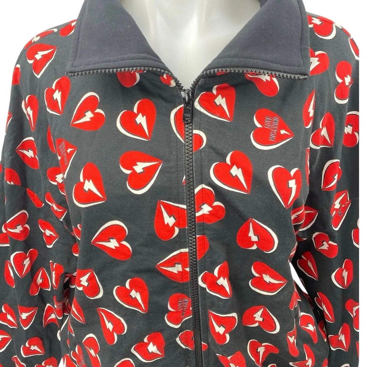 Love Moschino Black Red Thunder Hearts Long Sleeve Full Zip Sweatshirt Top Sz 4 - Image 3