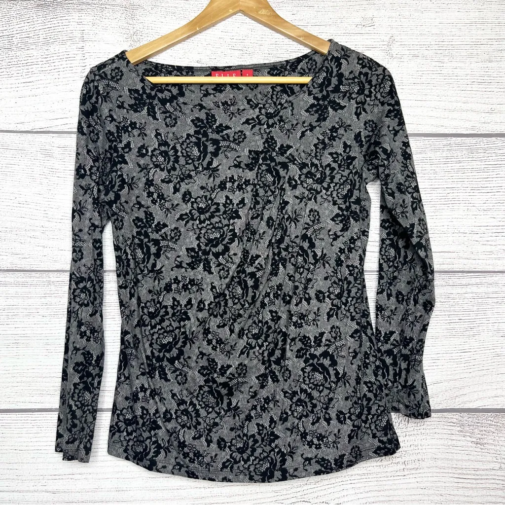 ELLE Black & Gray Pima Cotton & Modal Floral Pleated Long Sleeve Top Size Small - Image 9