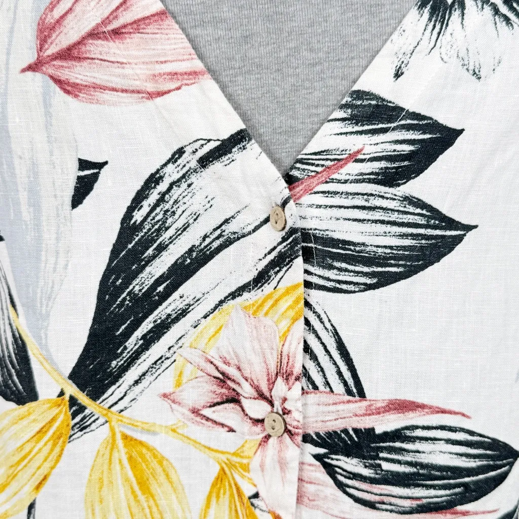 C&C California Tropical Palm Print Linen Button Back Shirt White Multi Medium - Image 6