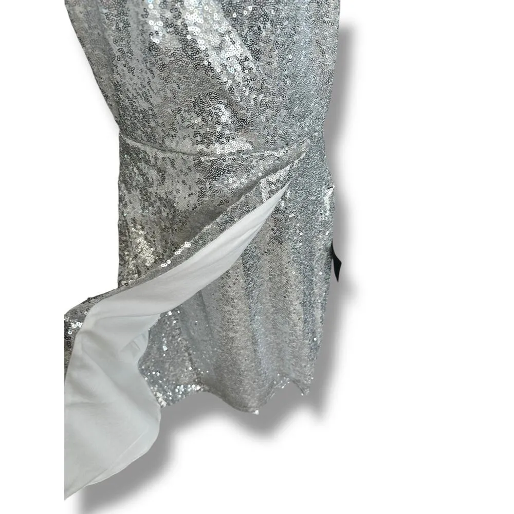 New Lulu's Hilaria Silver Sequin Bodycon Mini Halter Dress Faux Wrap Hem Small - Image 4