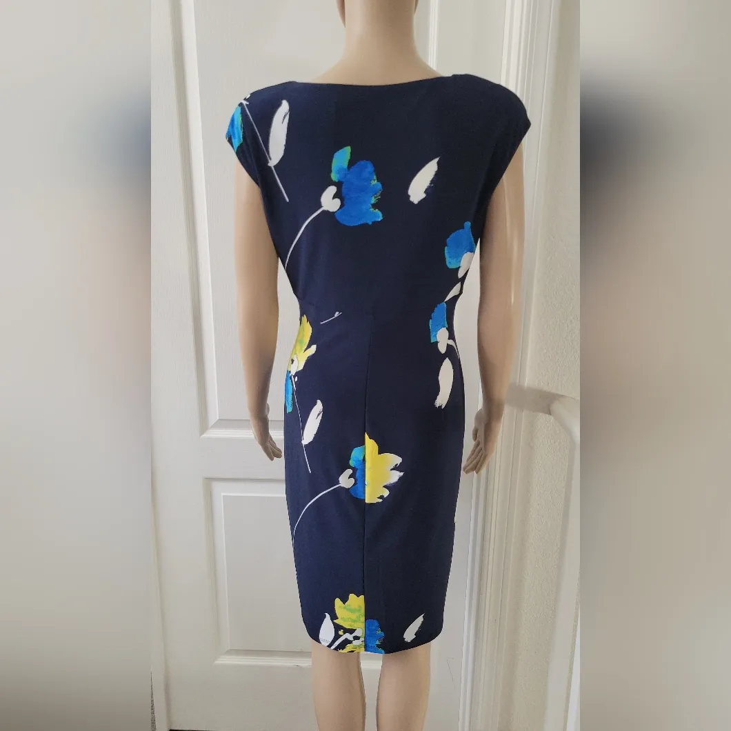 Ralph Lauren Navy Blue Floral Print‎ Jersey Ruched Dress Size 4 - Image 5