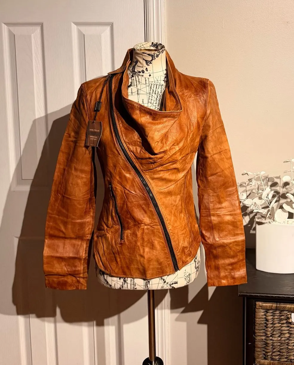 NWT Vera Pelle Distressed Leather Jacket Asymmetrical Zipper Avant-garde Saria - Image 1