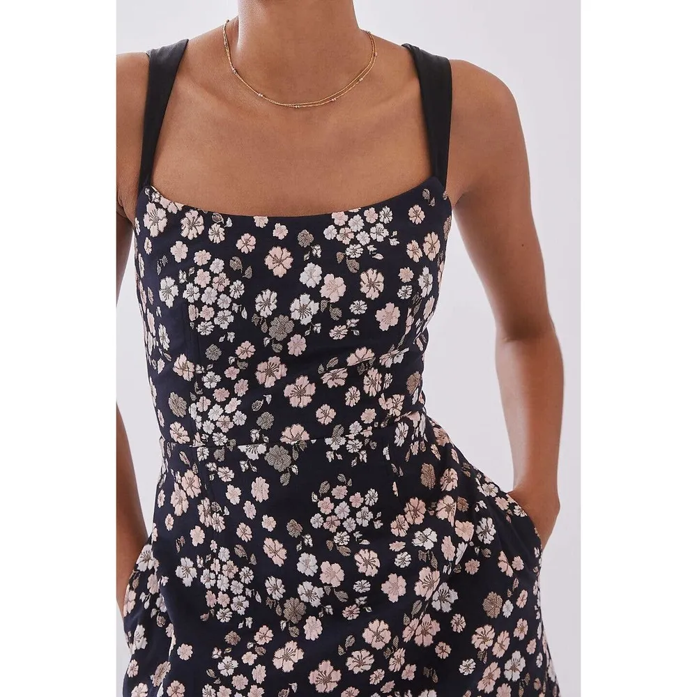 Anthropologie Maeve Jacquard Mini Dress Black Floral Summer Date Size 2 - Image 3