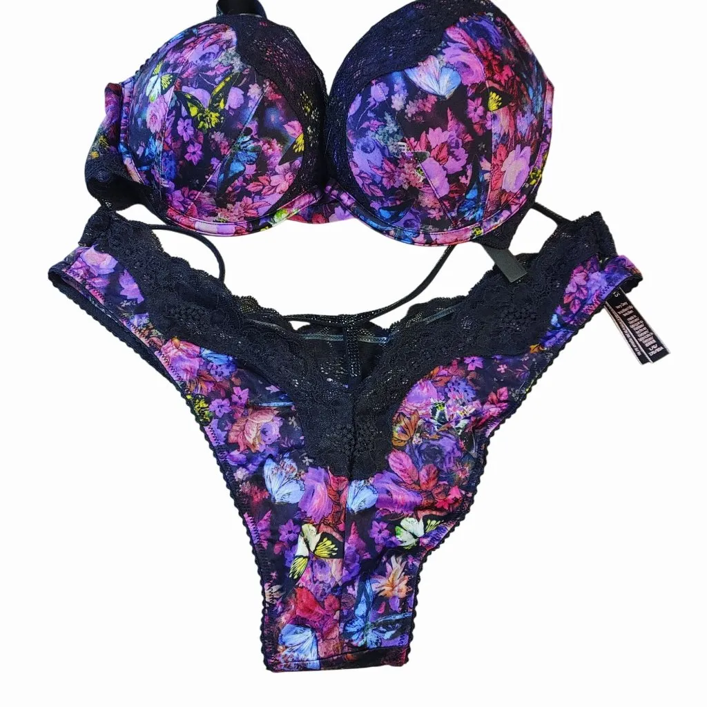 Victorias Secret Panty Bra 38B Push Up Butterfly Moody Floral Lace Brazilian - Image 9