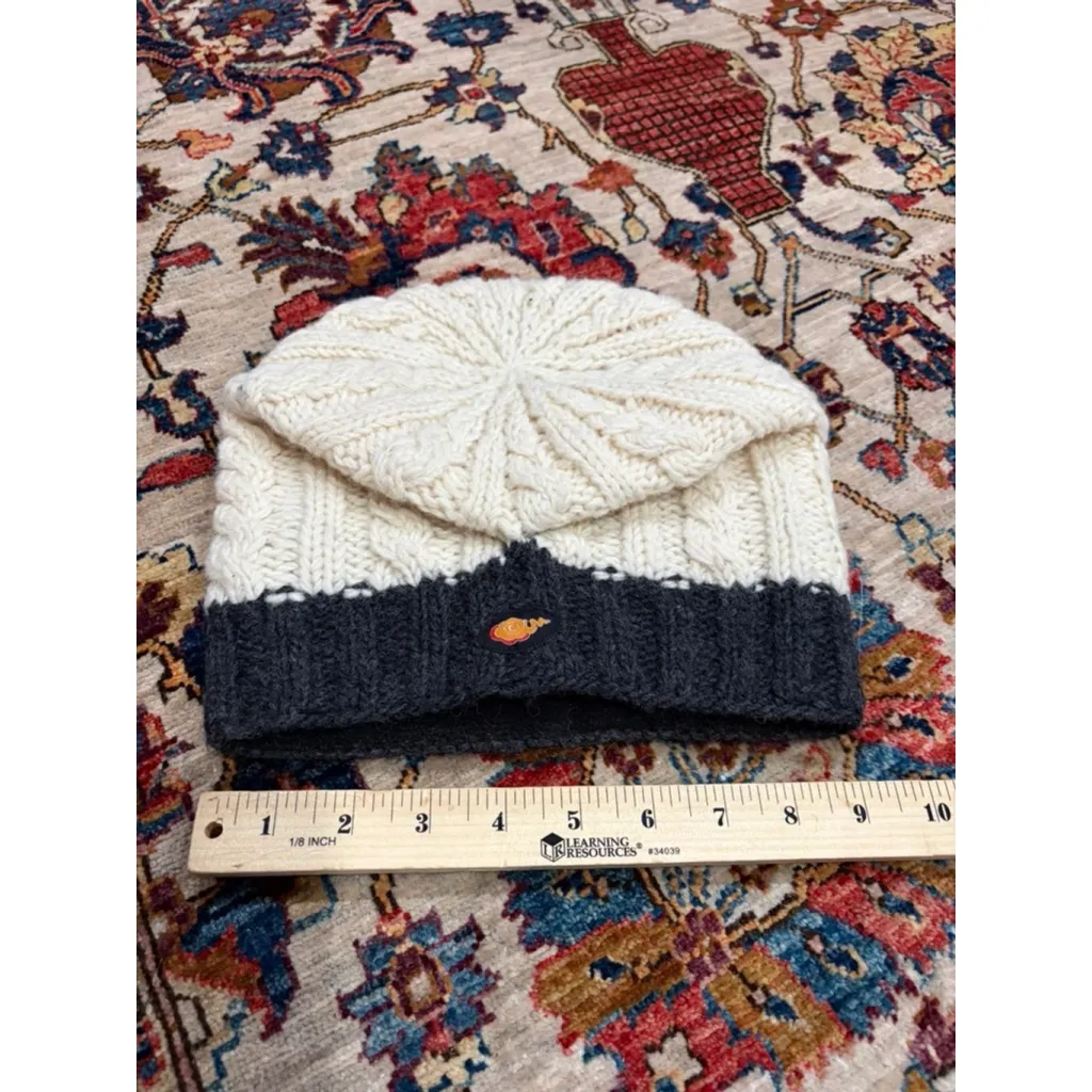 Everest Designs Hand Knit Wool Beanie Hat Nepal Cream Cable Knit Fleece Lined Wa - Image 2