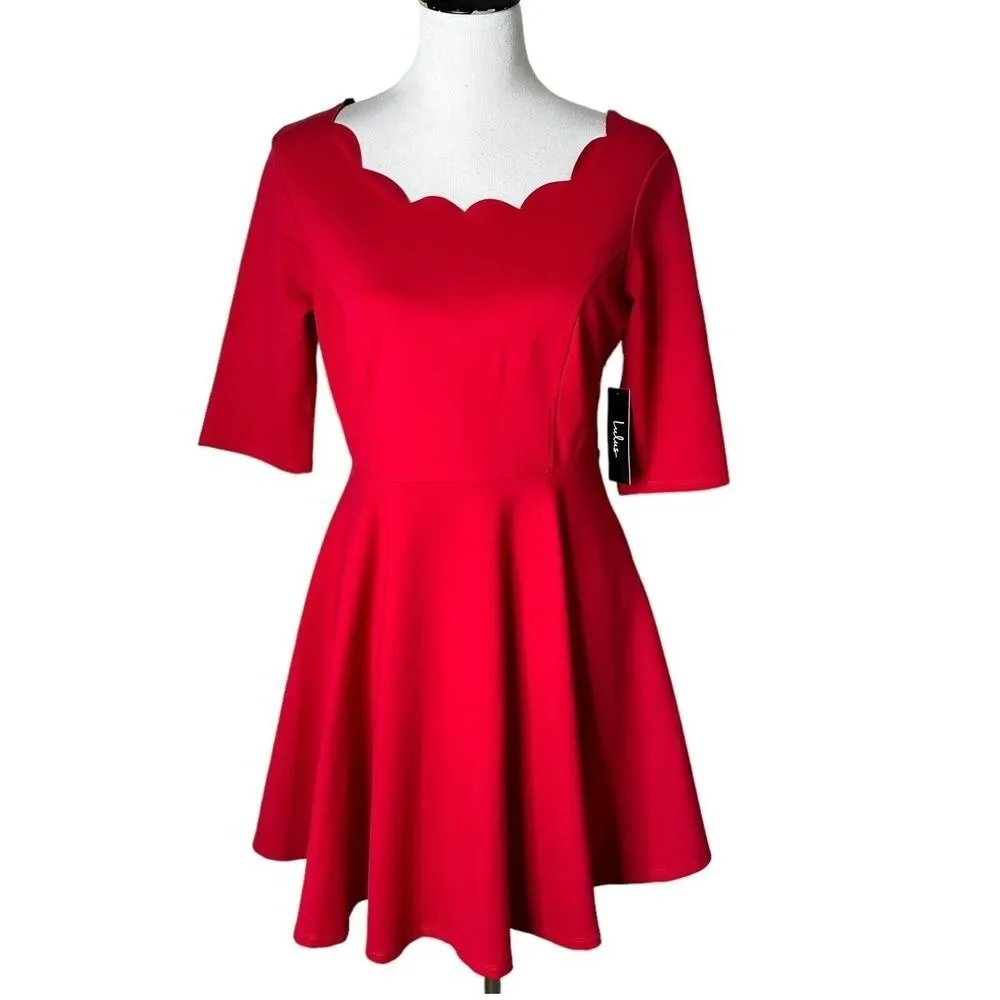 Lulus Red Mini Dress Size L Scallop Trim‎ Skater Flare Romantic Feminine NEW - Image 2