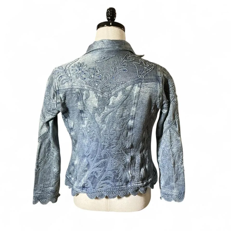 Embroidered Denim Jacket Women Blue Button Front Crochet Lace Trim Size M - Image 2