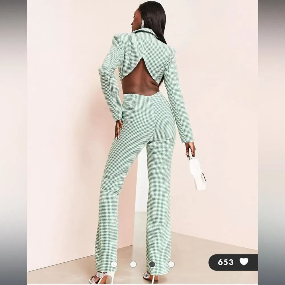 ASOS LUXE tailored cut-out flare jumpsuit in green check - Image 3