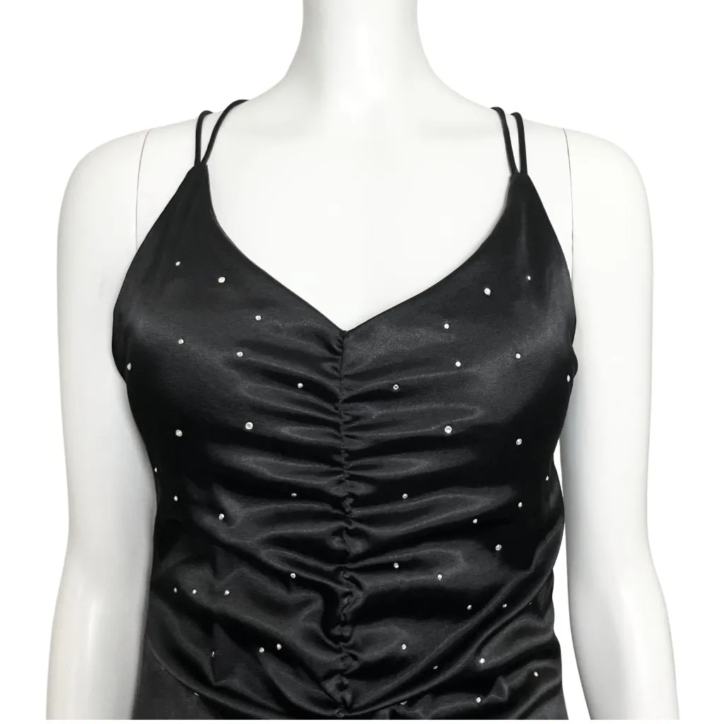 Vintage Y2K Black Trumpet Ruched Formal Long Dress Rhinestones XS/S Prom Glam - Image 13