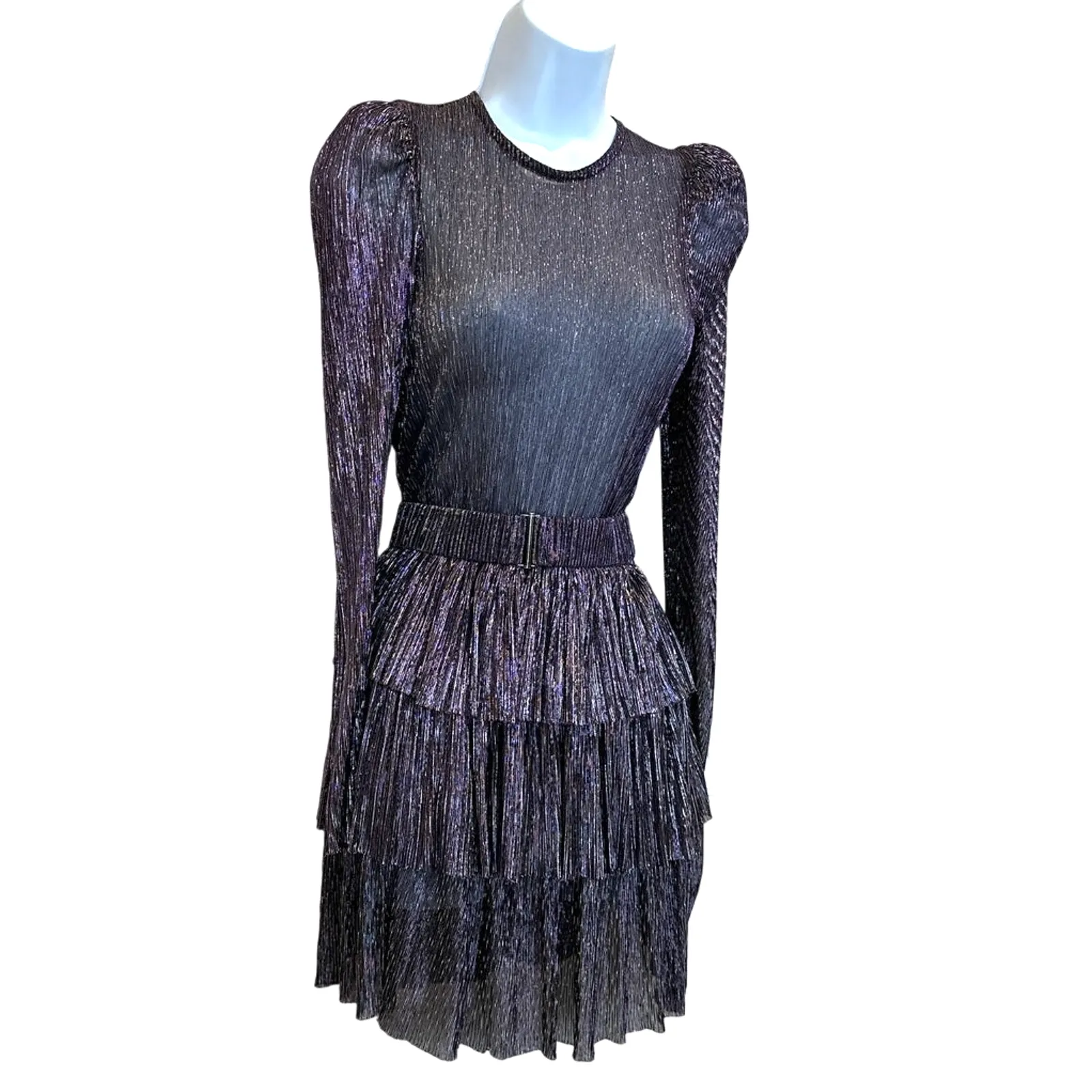Sabina Musayev Purple Tier Ruffle Mini Dress LARGE Plisse Metallic Cocktail $285 - Image 11