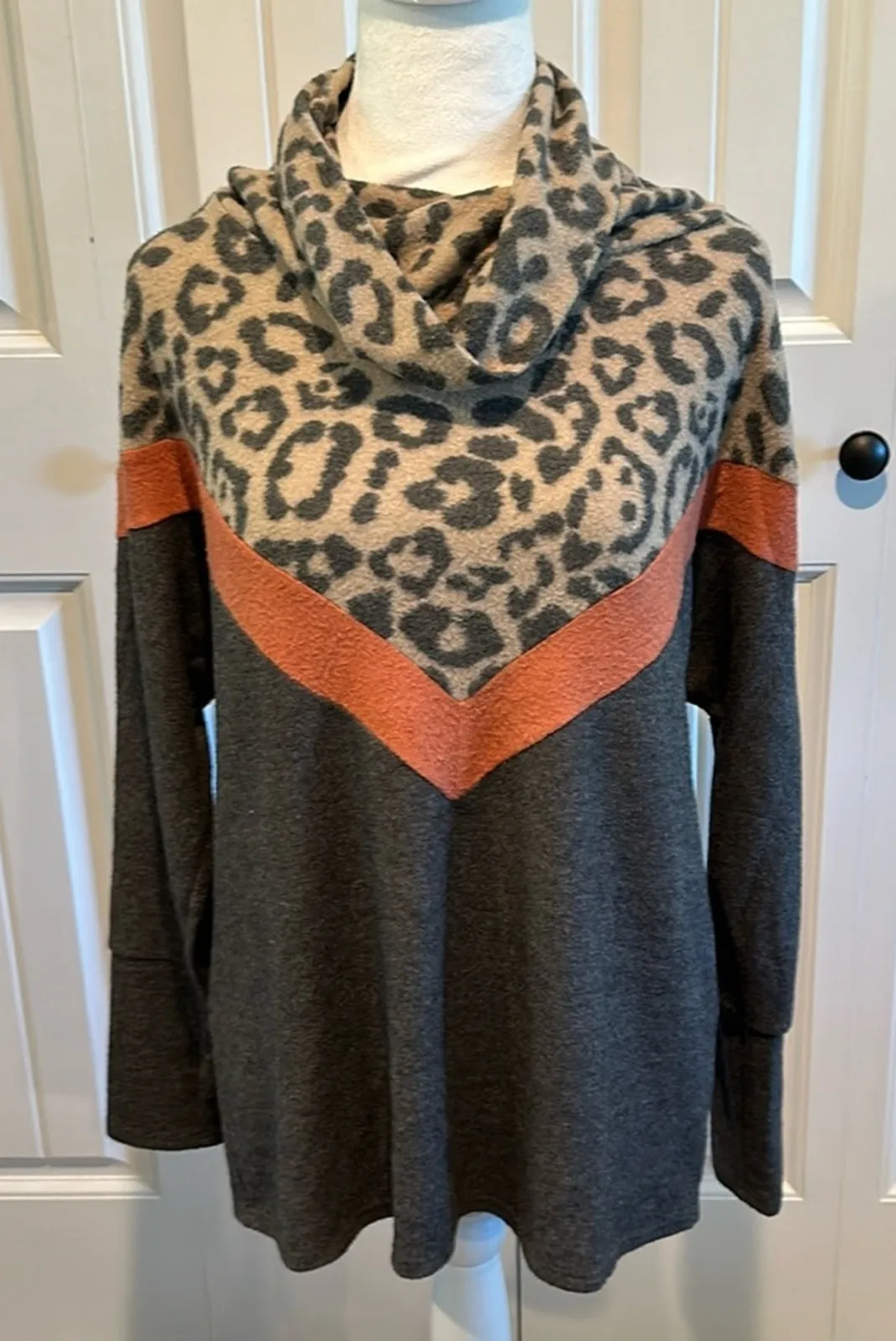 First Love Small Leopard Animal Print Chevron Cowl Neck Sweater Top - Image 1