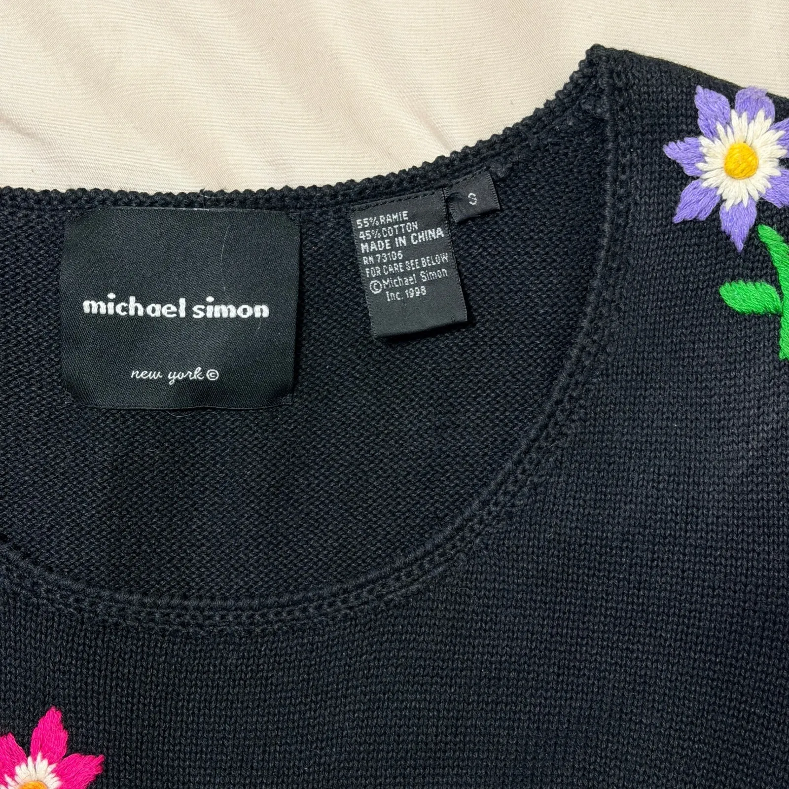 Michael Simon Black Knit Dress Embroidered Teacups Flowers Whimsical Size Small - Image 10