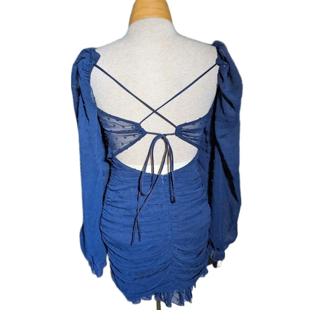 Lucy in the Sky Navy Blue Chiffon Swiss Dot Long Sleeve Ruched Mini Dress XS - Image 3