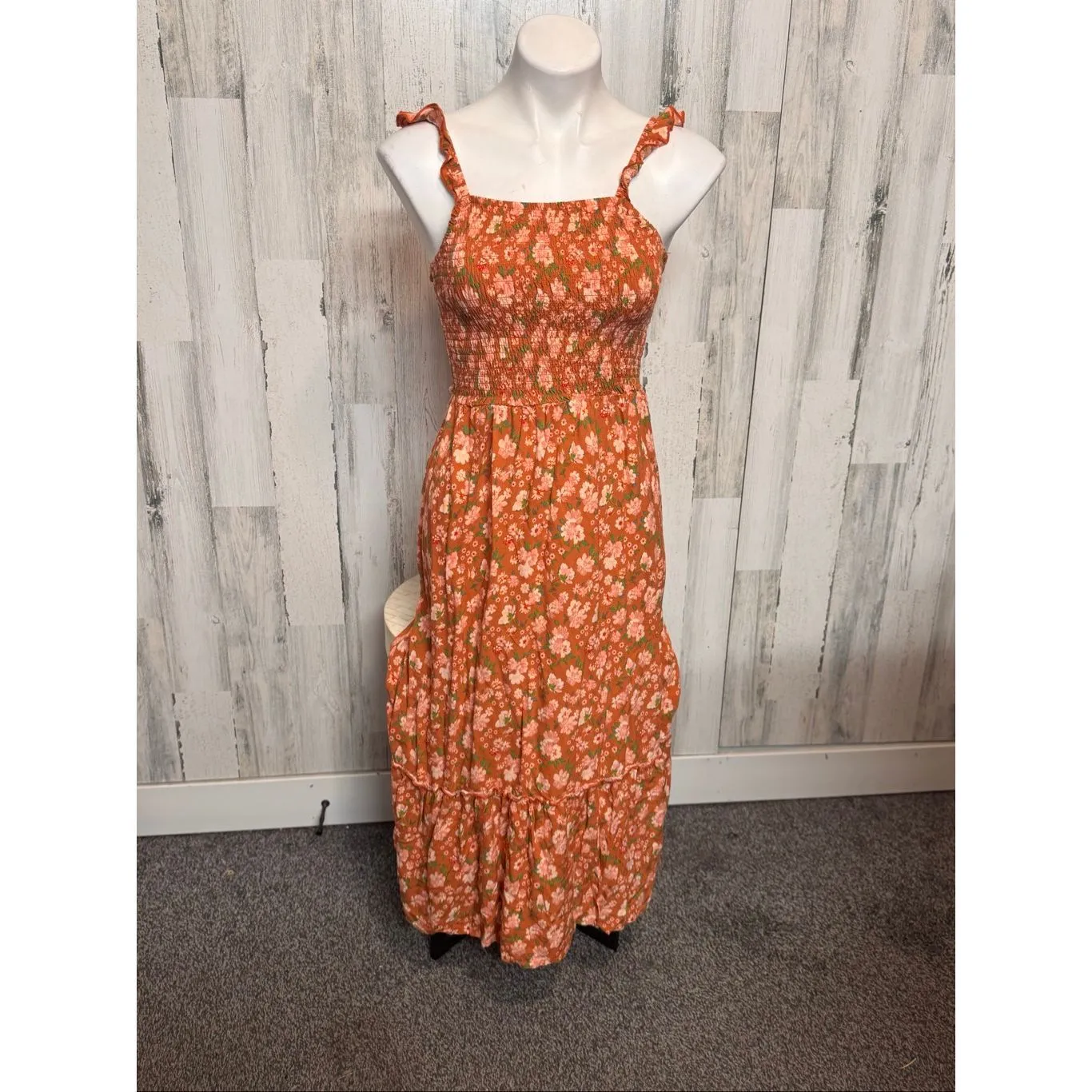 Coco & Sky Floral Smocked Maxi Dress – Ruffle Straps, Tiered Skirt, Boho Cottage Orange Size M - Image 2