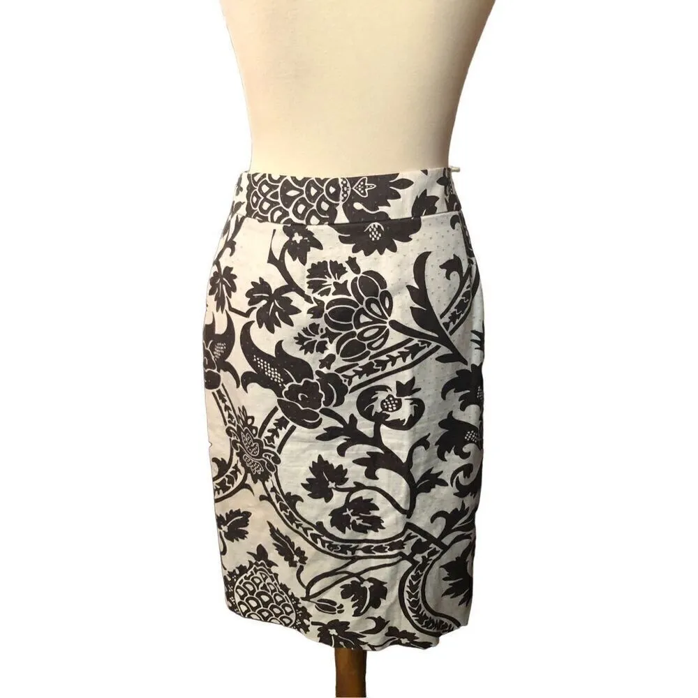 Loft Ann Taylor BROWN CREAM FLORAL LINEN-BLEND STRAIGHT SKIRT SIZE 8 - Image 3