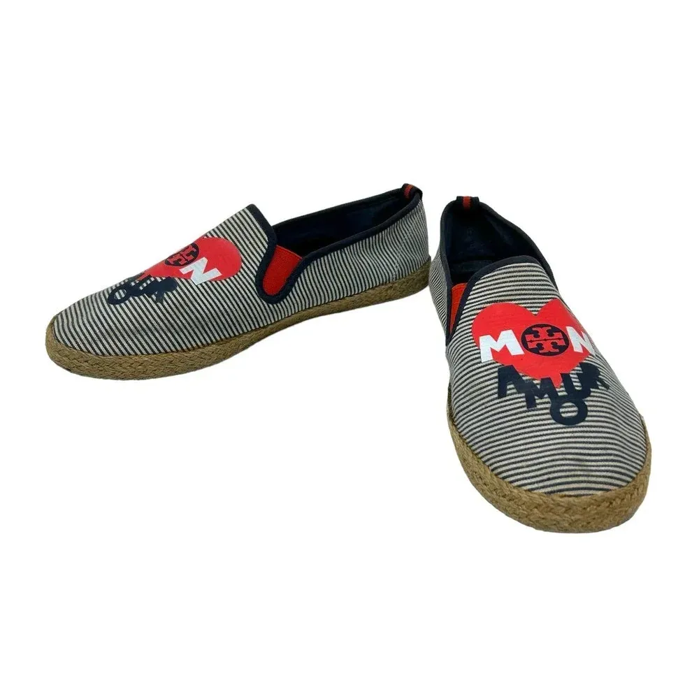 Tory Burch Mon Amour‎ Navy Blue Red Stripe Heart Espadrille Flats Size 10 - Image 5