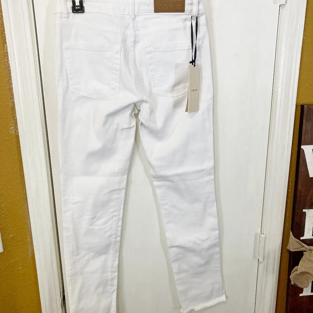 Toy G. women's IT 40 rhinestone crystal embellish raw hem slim taper jeans 27x27 White Size 4 - Image 4
