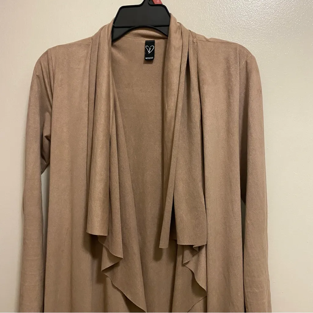 Windsor Womens Tan Beige Faux Suese Thin Long Cardigan Sweater With Belt S Small - Image 3