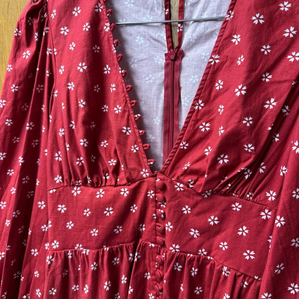 Reformation Caitie Long Puff Sleeve Mini Dress Deep V-Neck Floral Nigella Red 8 - Image 10