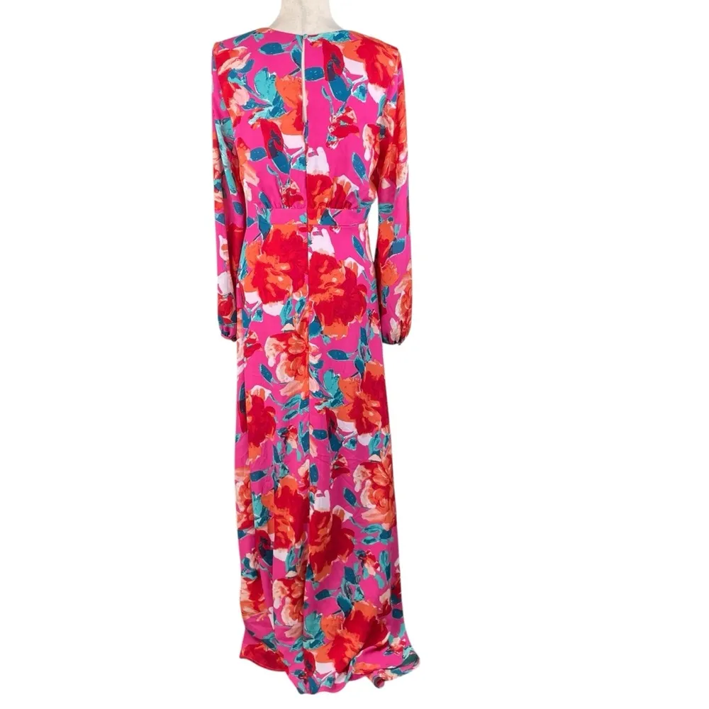 Lulus Carolita Magenta Floral Print Long Sleeve Maxi Dress Size Medium Side Slit Pink - Image 5