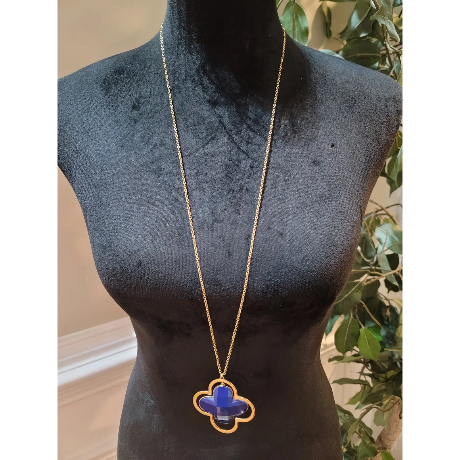 Women's Long Gold Chain Necklace Blue Clover Pendant With Lobster Clasp Lock - Image 2